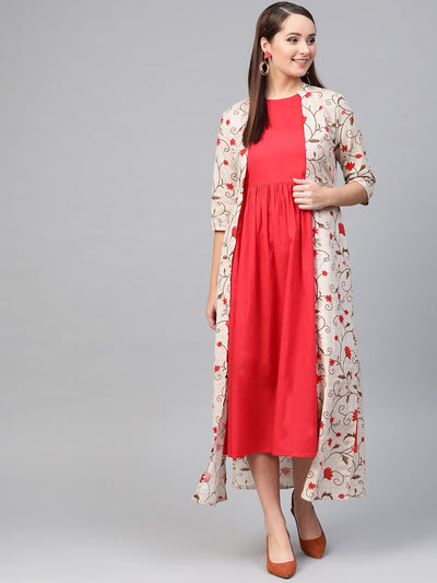 Women's Nayo Red & Beige Floral Printed Maxi Dress