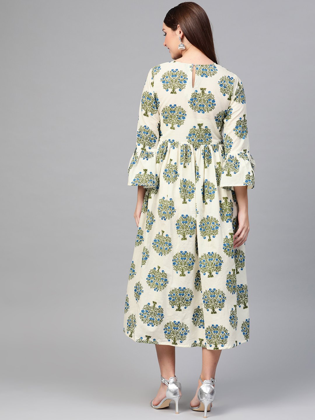 Women's Nayo White & Blue A-Line Bell Sleeve Maxi Dress