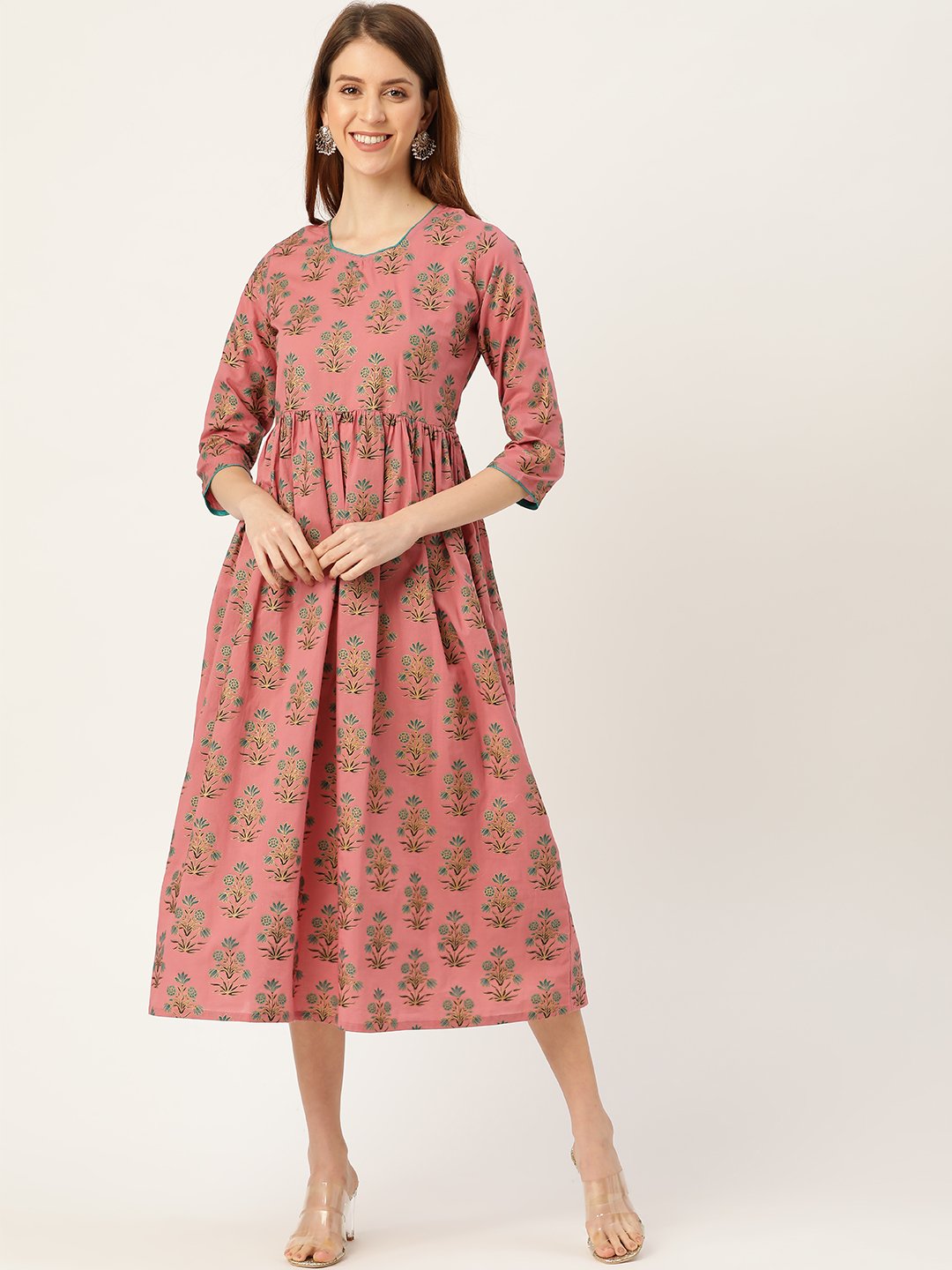 Women's Pink Ethnic Motifs Printed Square Neck Cotton Maxi Dress