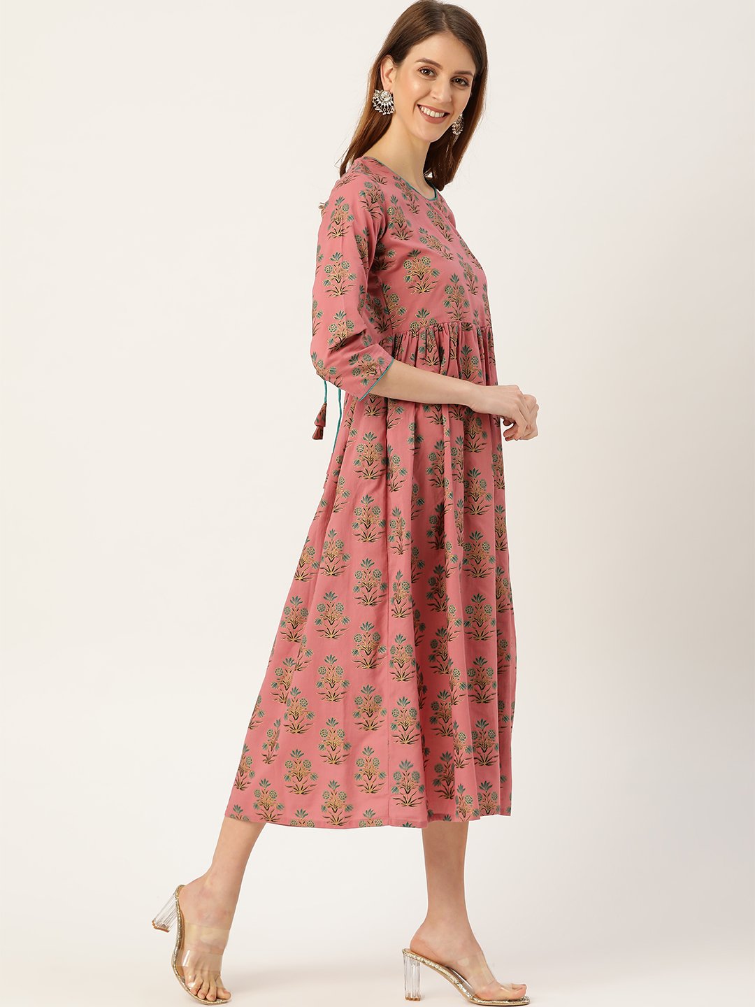 Women's Pink Ethnic Motifs Printed Square Neck Cotton Maxi Dress