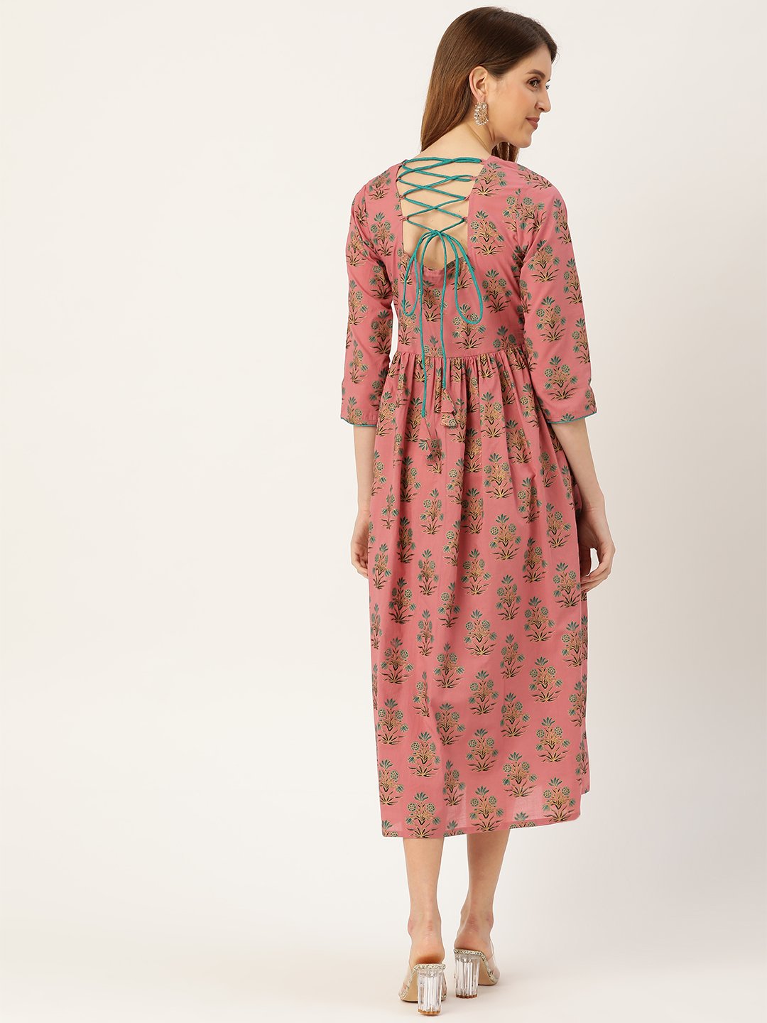 Women's Pink Ethnic Motifs Printed Square Neck Cotton Maxi Dress