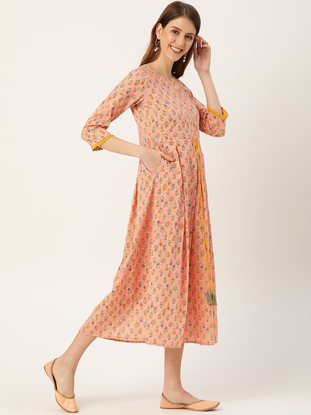 Women's Peach Ethnic Motifs Printed Round Neck Cotton Maxi Dress