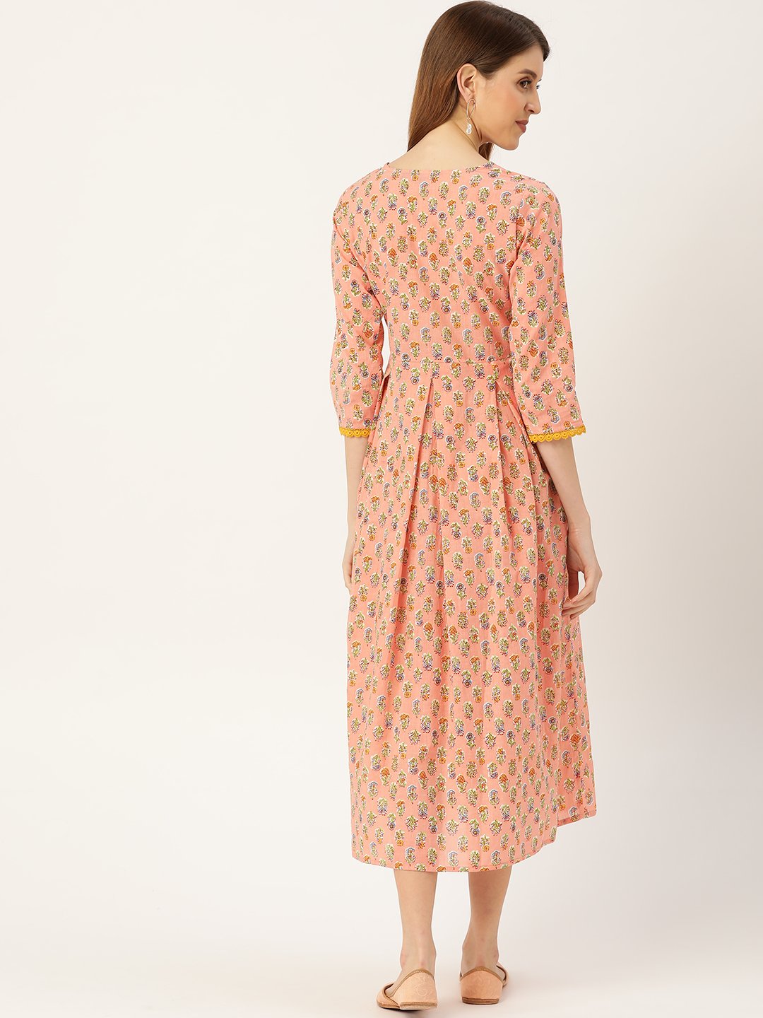 Women's Peach Ethnic Motifs Printed Round Neck Cotton Maxi Dress