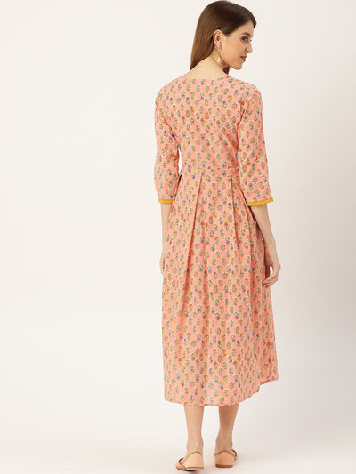 Women's Peach Ethnic Motifs Printed Round Neck Cotton Maxi Dress