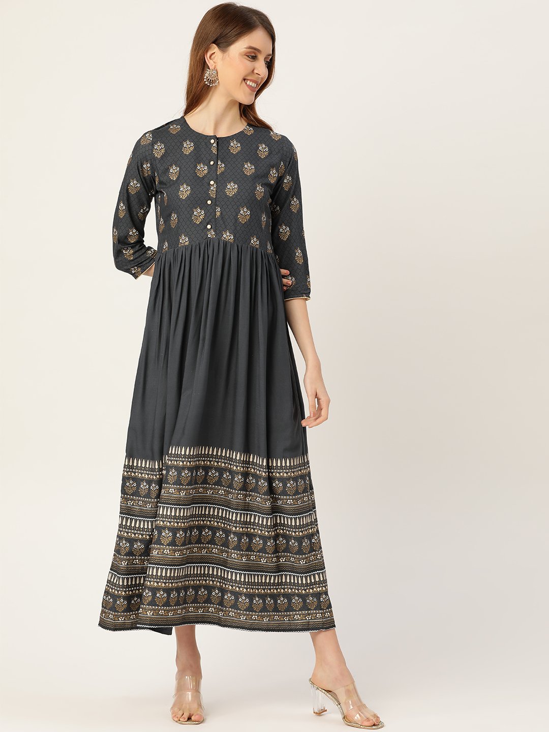 Women's Grey Self Design Self Design Round Neck Viscose Rayon Maxi Dress