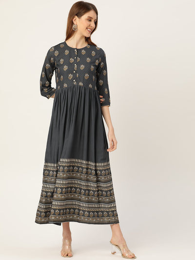 Women's Grey Self Design Self Design Round Neck Viscose Rayon Maxi Dress