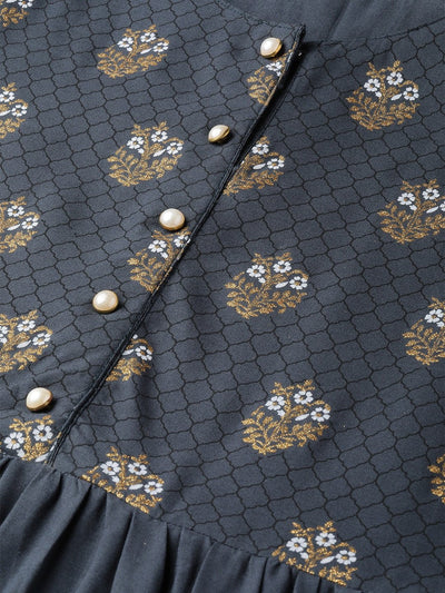 Women's Grey Self Design Self Design Round Neck Viscose Rayon Maxi Dress