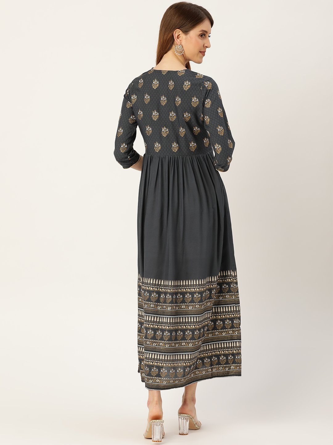 Women's Grey Self Design Self Design Round Neck Viscose Rayon Maxi Dress