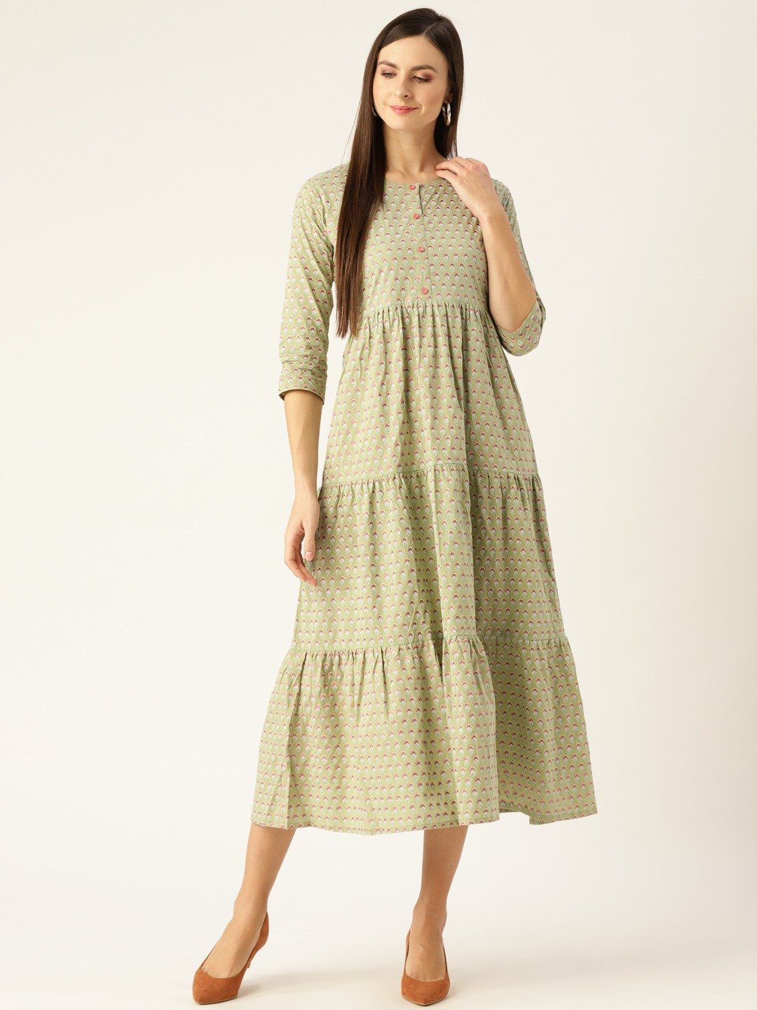 Women's Green Ethnic Motifs Printed Round Neck Cotton Maxi Dress
