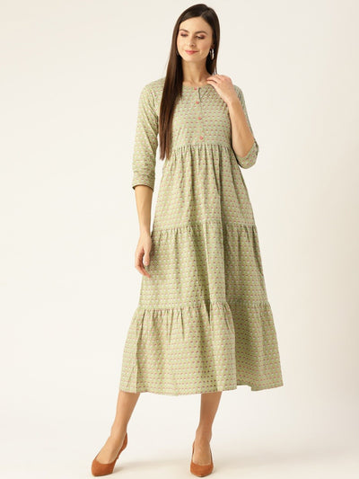 Women's Green Ethnic Motifs Printed Round Neck Cotton Maxi Dress