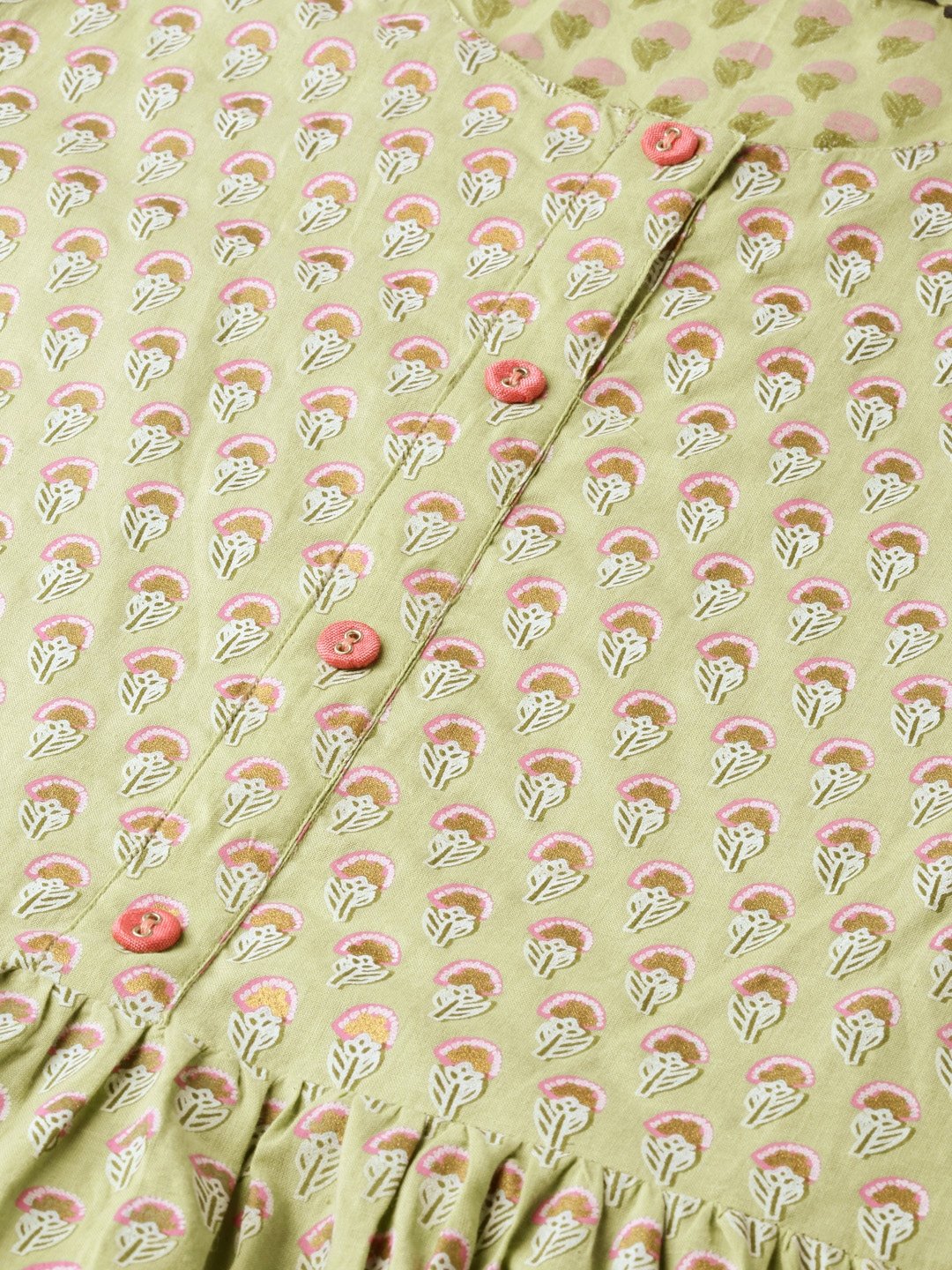 Women's Green Ethnic Motifs Printed Round Neck Cotton Maxi Dress