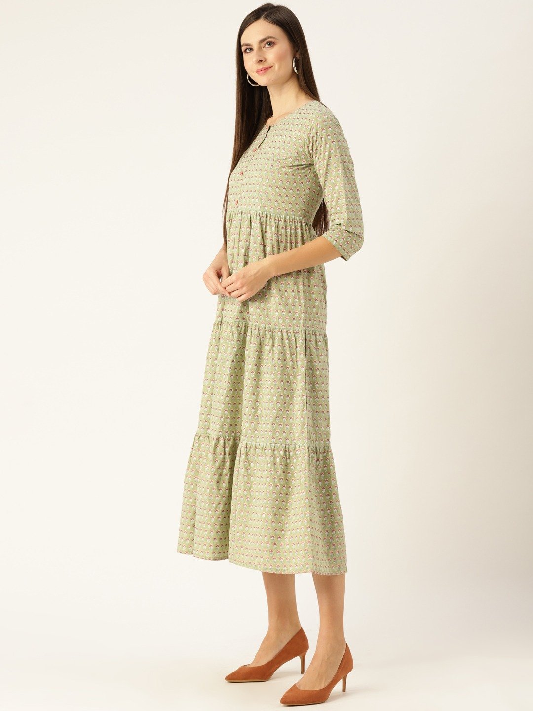 Women's Green Ethnic Motifs Printed Round Neck Cotton Maxi Dress
