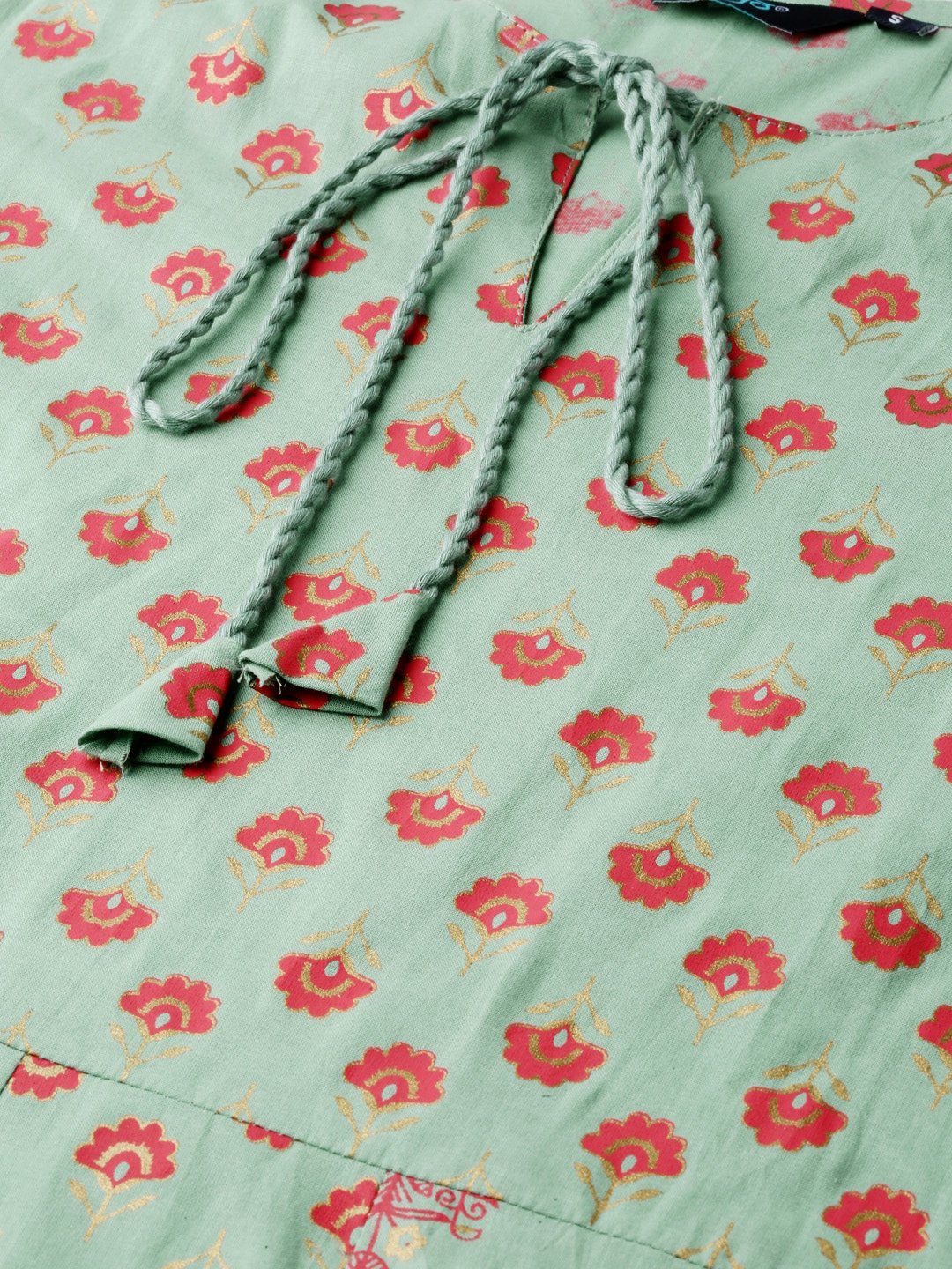 Women's Metalic Green Ethnic Motifs Printed Round Neck Cotton Maxi Dress