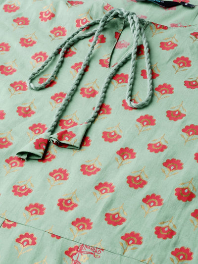 Women's Metalic Green Ethnic Motifs Printed Round Neck Cotton Maxi Dress