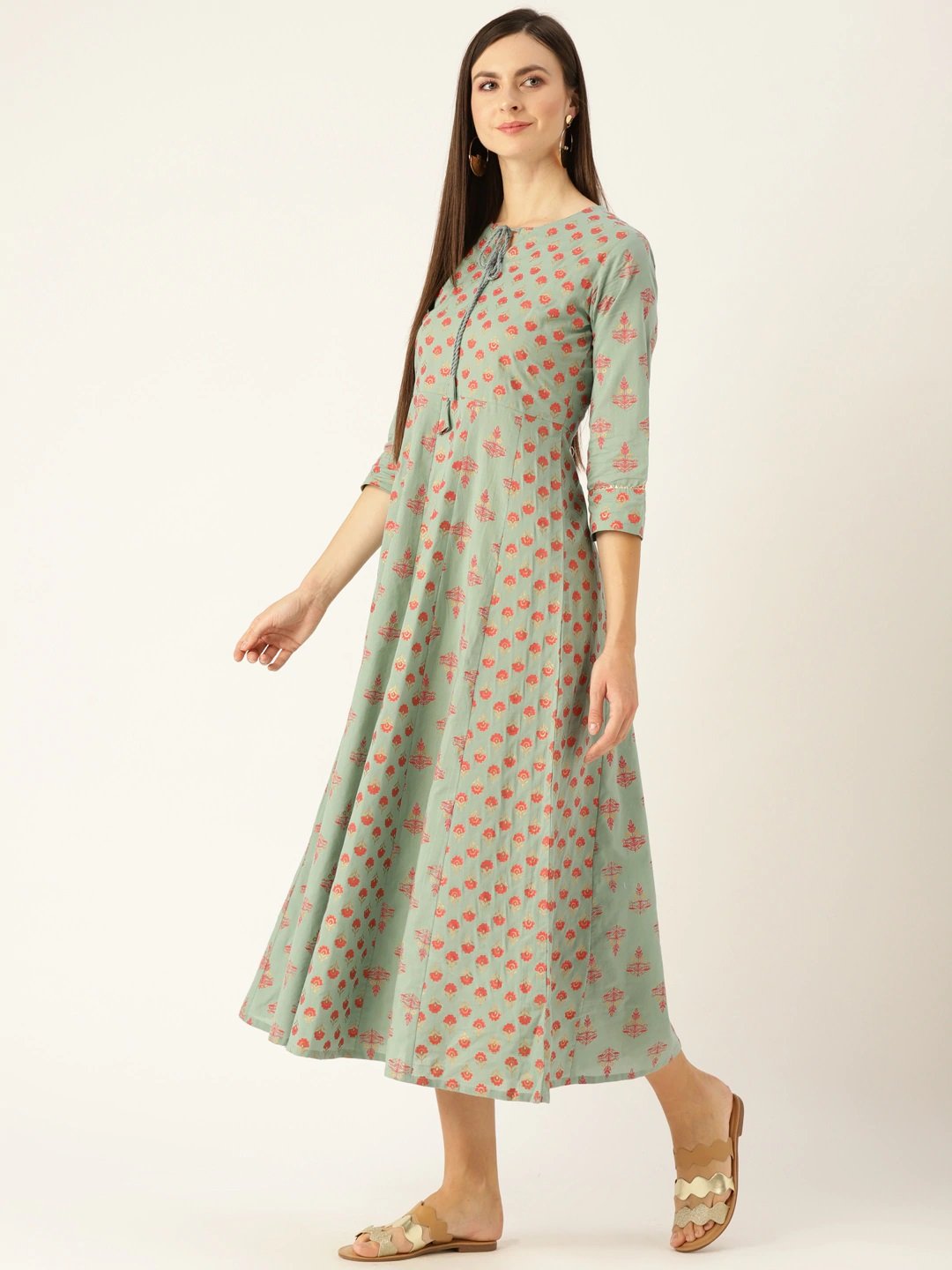 Women's Metalic Green Ethnic Motifs Printed Round Neck Cotton Maxi Dress