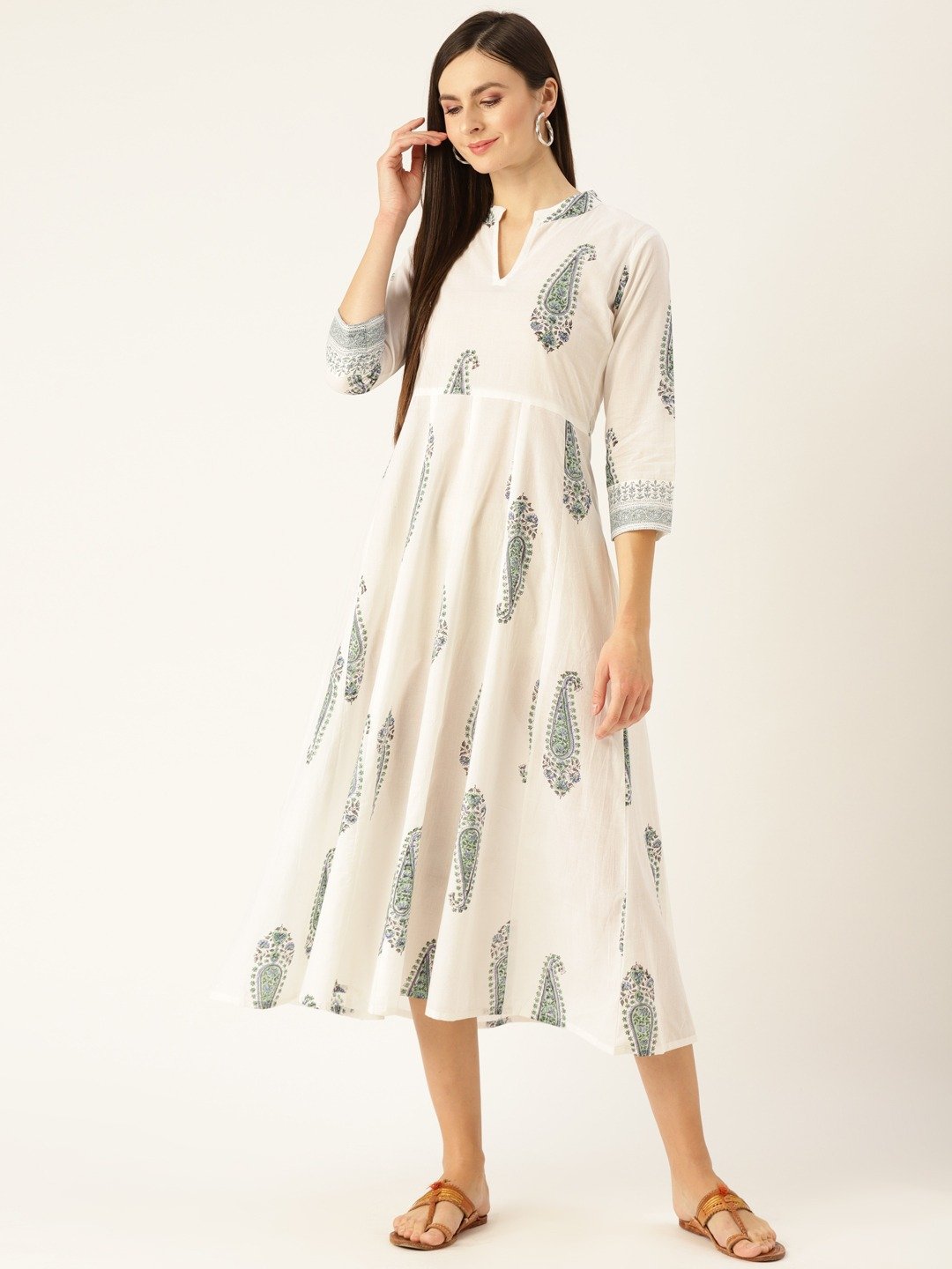 Women's White Floral Printed Mandarin Collar Cotton Maxi Dress