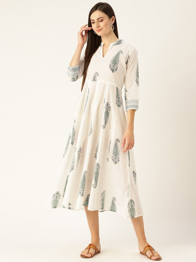 Women's White Floral Printed Mandarin Collar Cotton Maxi Dress