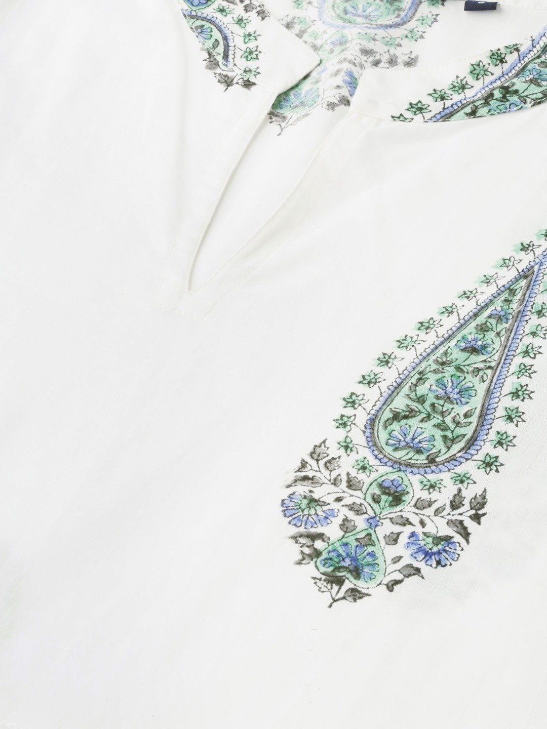 Women's White Floral Printed Mandarin Collar Cotton Maxi Dress