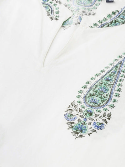 Women's White Floral Printed Mandarin Collar Cotton Maxi Dress