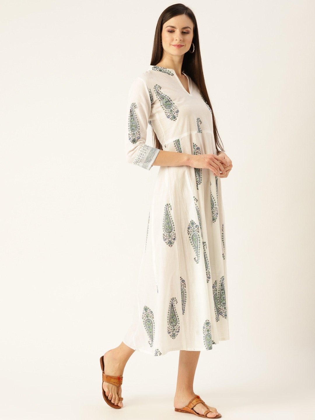 Women's White Floral Printed Mandarin Collar Cotton Maxi Dress