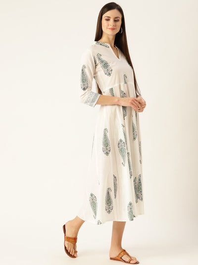 Women's White Floral Printed Mandarin Collar Cotton Maxi Dress