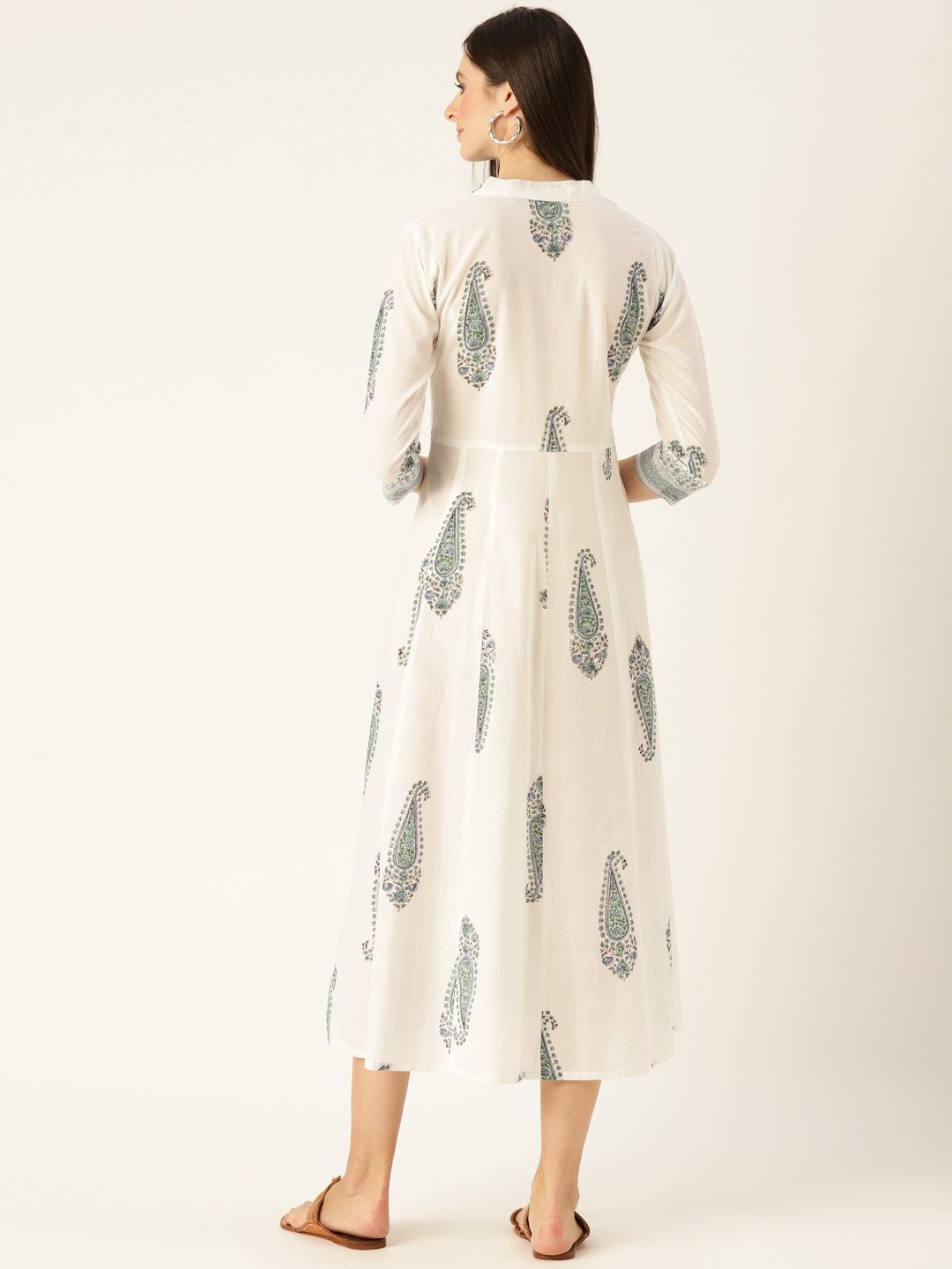 Women's White Floral Printed Mandarin Collar Cotton Maxi Dress