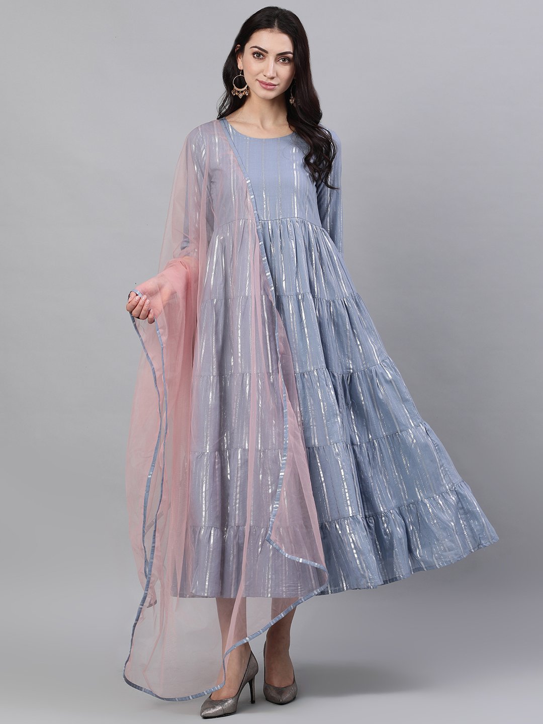 Women's Light Grey Solid Solid Round Neck Cotton Maxi Dress