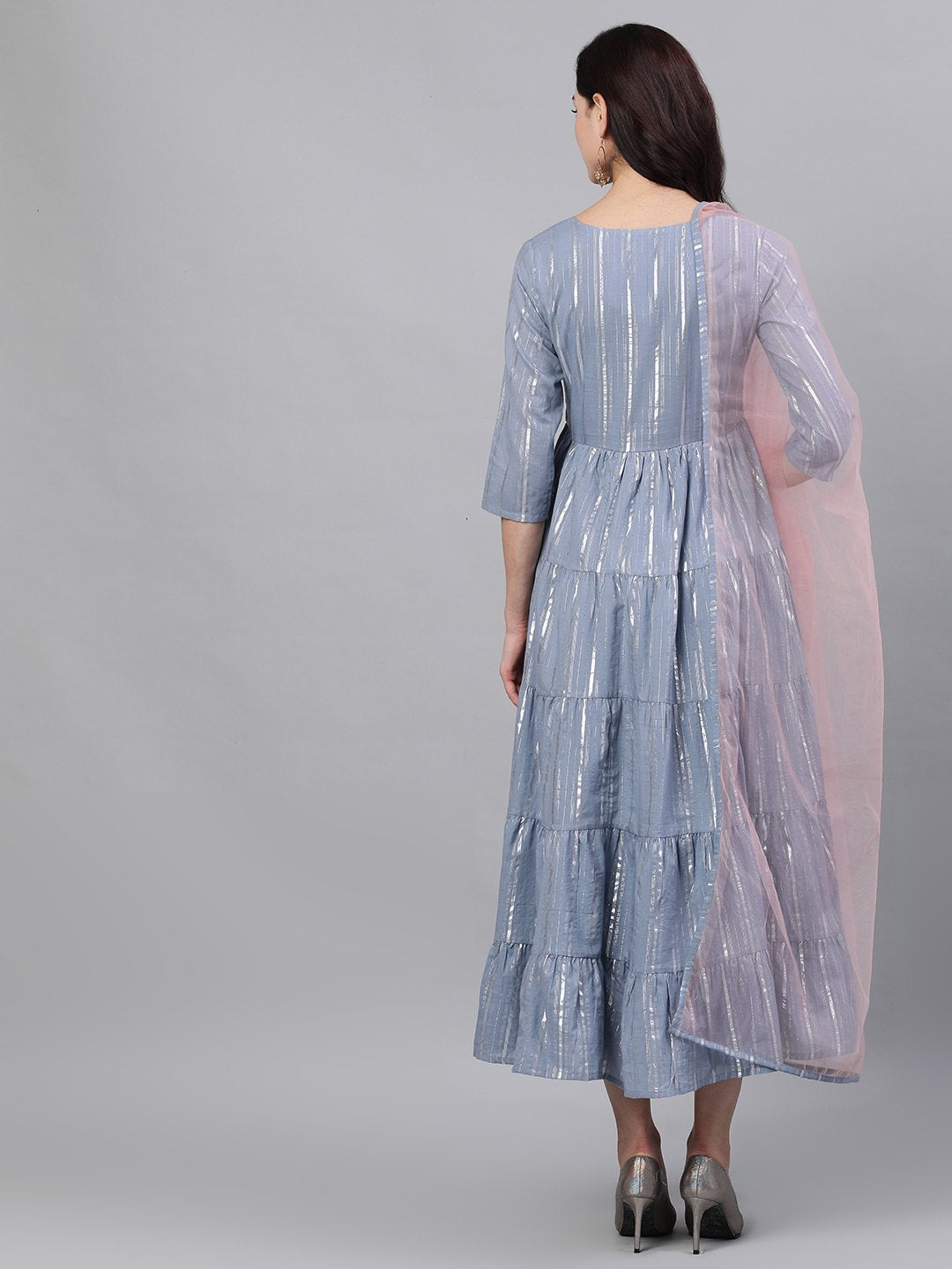 Women's Light Grey Solid Solid Round Neck Cotton Maxi Dress