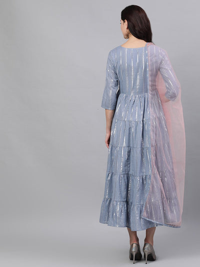 Women's Light Grey Solid Solid Round Neck Cotton Maxi Dress