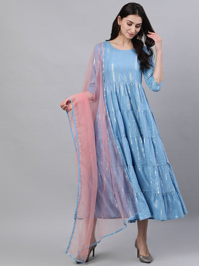 Women's Blue Solid Solid Round Neck Cotton Maxi Dress