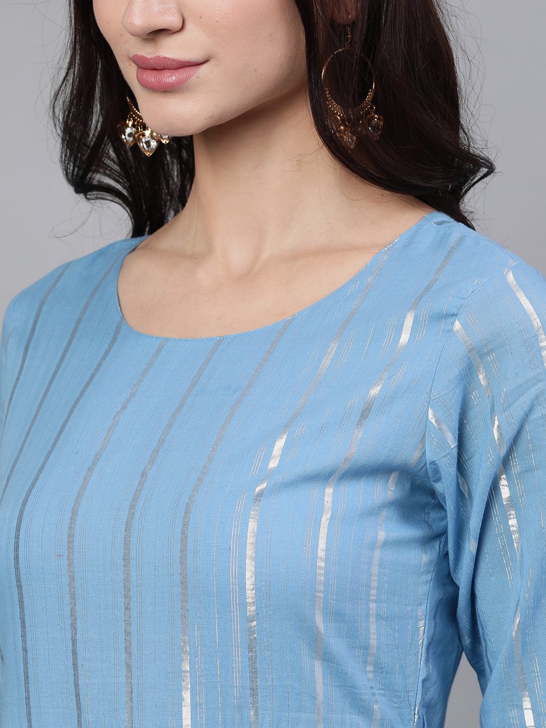 Women's Blue Solid Solid Round Neck Cotton Maxi Dress