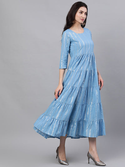 Women's Blue Solid Solid Round Neck Cotton Maxi Dress