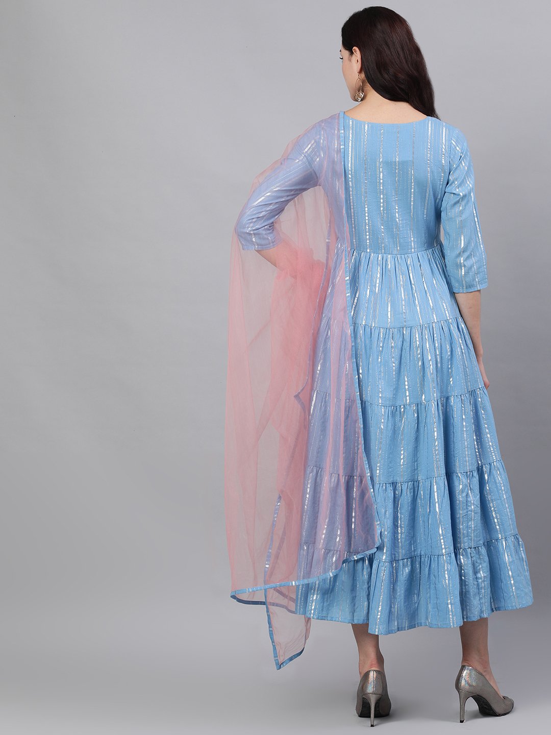 Women's Blue Solid Solid Round Neck Cotton Maxi Dress