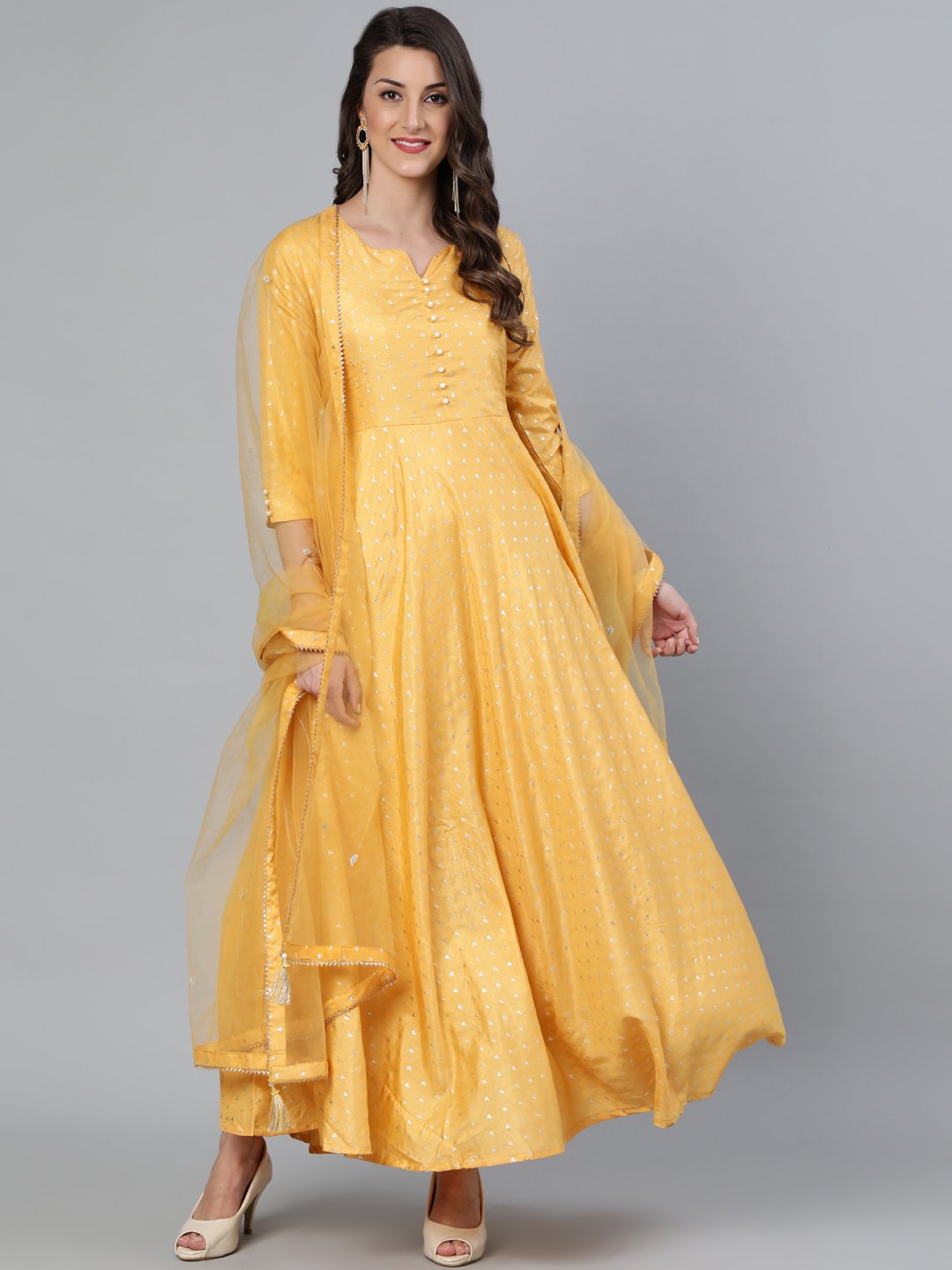 Women's Mustard Foil Printed Maxi Dress With Embroidered Net Dupatta