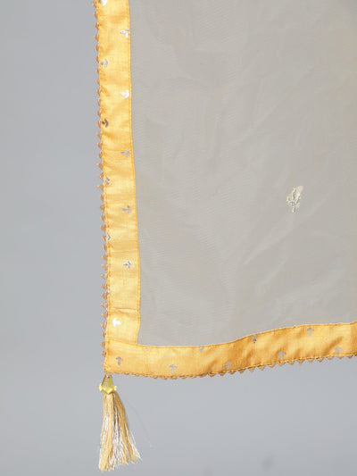 Women's Mustard Foil Printed Maxi Dress With Embroidered Net Dupatta