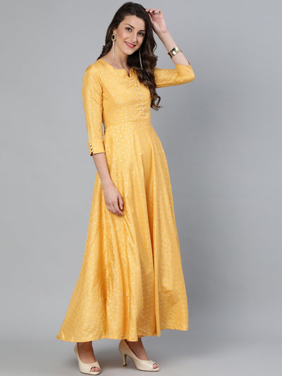 Women's Mustard Foil Printed Maxi Dress With Embroidered Net Dupatta