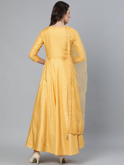 Women's Mustard Foil Printed Maxi Dress With Embroidered Net Dupatta