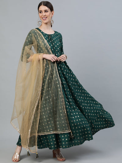 Women's Green Foil Printed Maxi Dress With Embroidered Net Dupatta