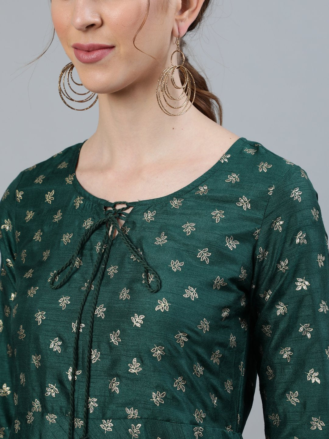 Women's Green Foil Printed Maxi Dress With Embroidered Net Dupatta