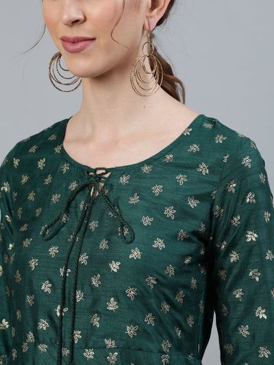 Women's Green Foil Printed Maxi Dress With Embroidered Net Dupatta