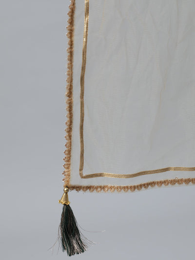 Women's Green Foil Printed Maxi Dress With Embroidered Net Dupatta