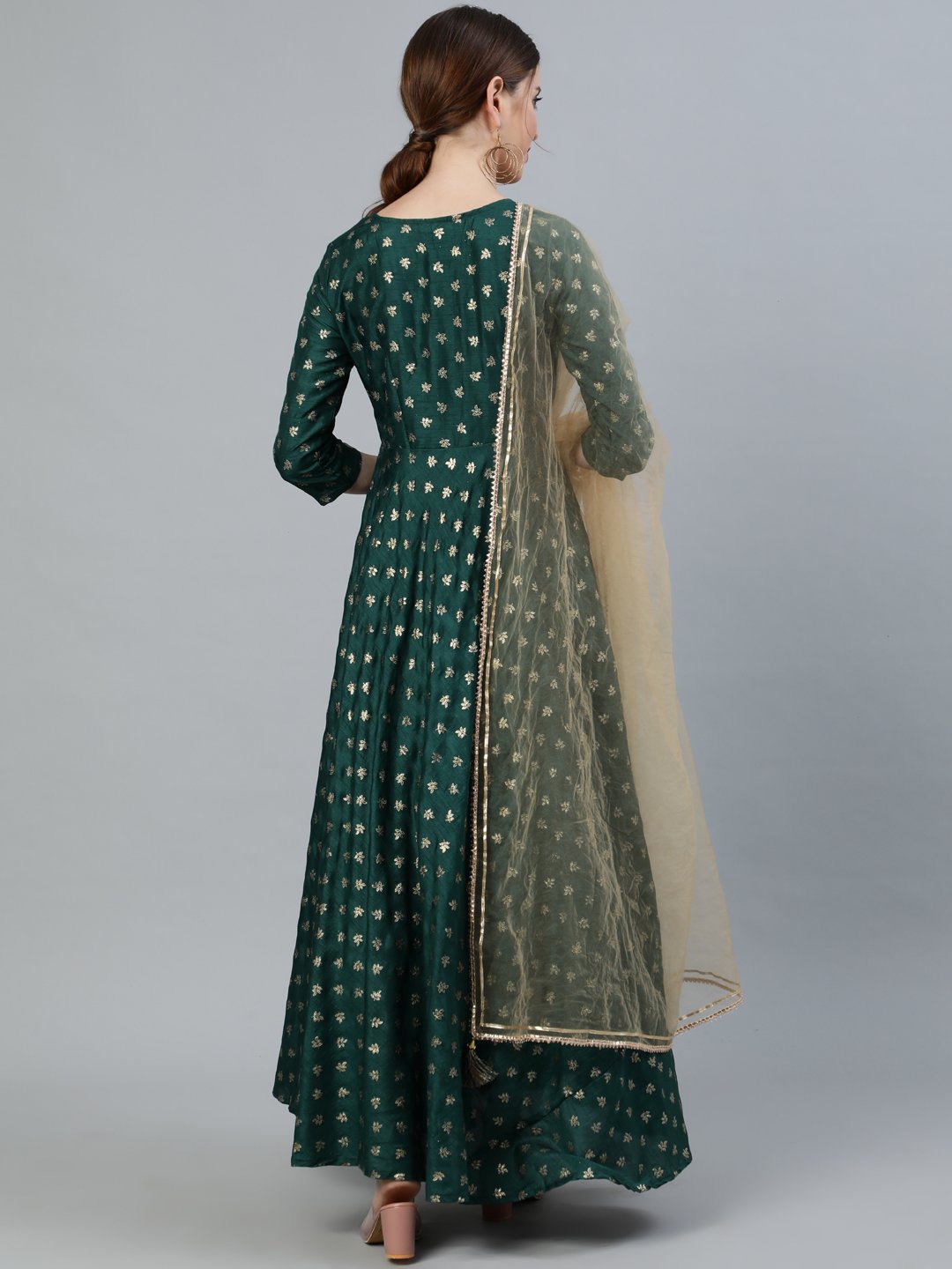 Women's Green Foil Printed Maxi Dress With Embroidered Net Dupatta