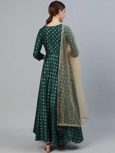 Women's Green Foil Printed Maxi Dress With Embroidered Net Dupatta