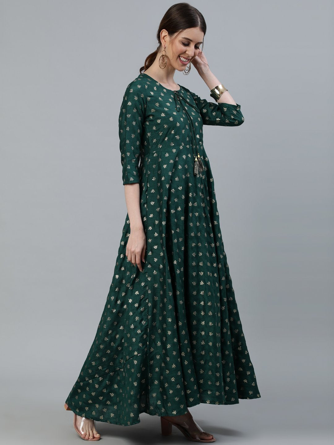 Women's Green Foil Printed Maxi Dress With Embroidered Net Dupatta