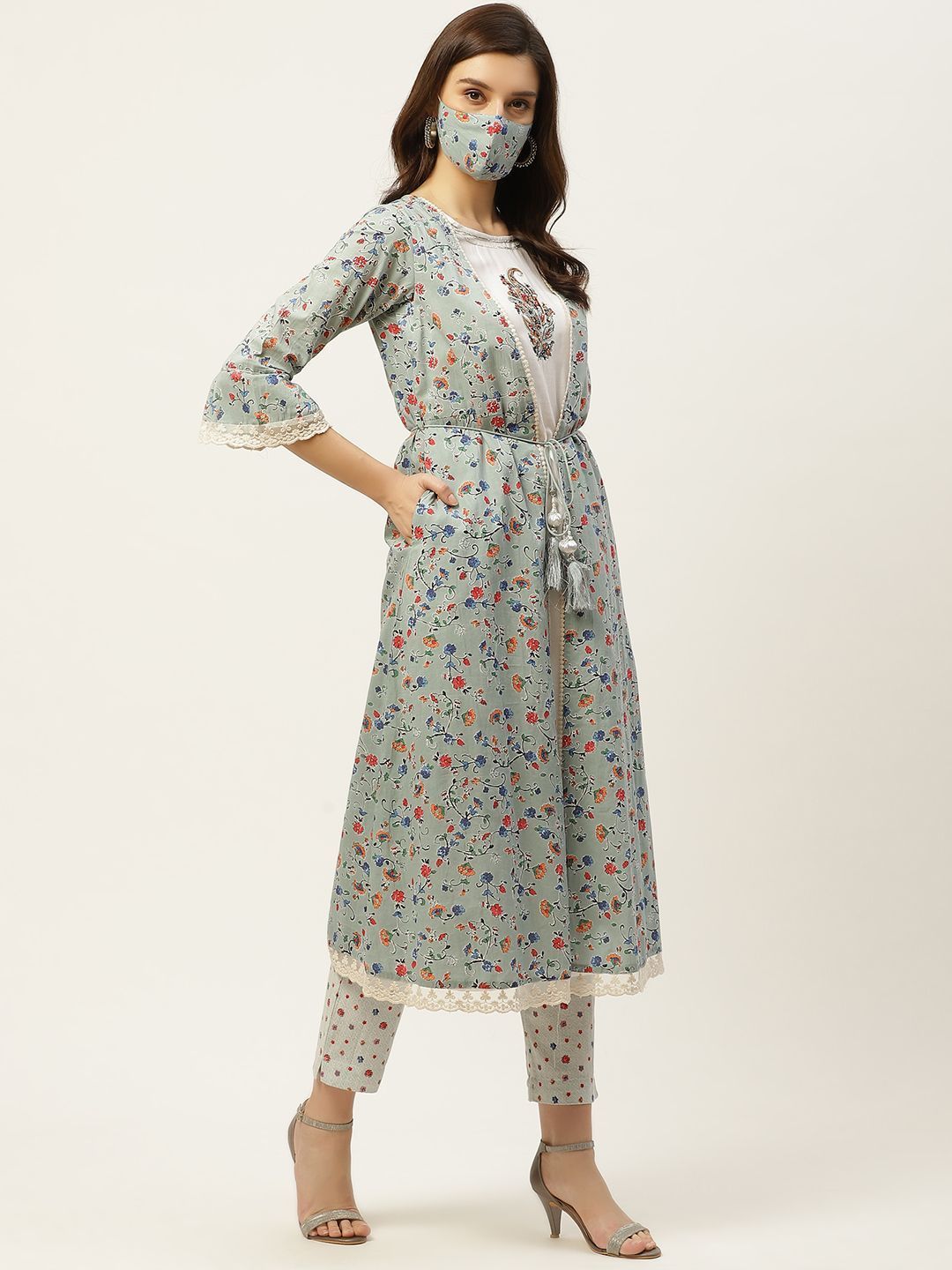 Women's Kurta with Floral Print Jacket and Mask