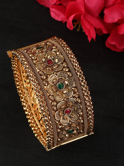 Women's Gold & Pink 24Ct Stone-Studded & Beaded Hand Crafted Bangle