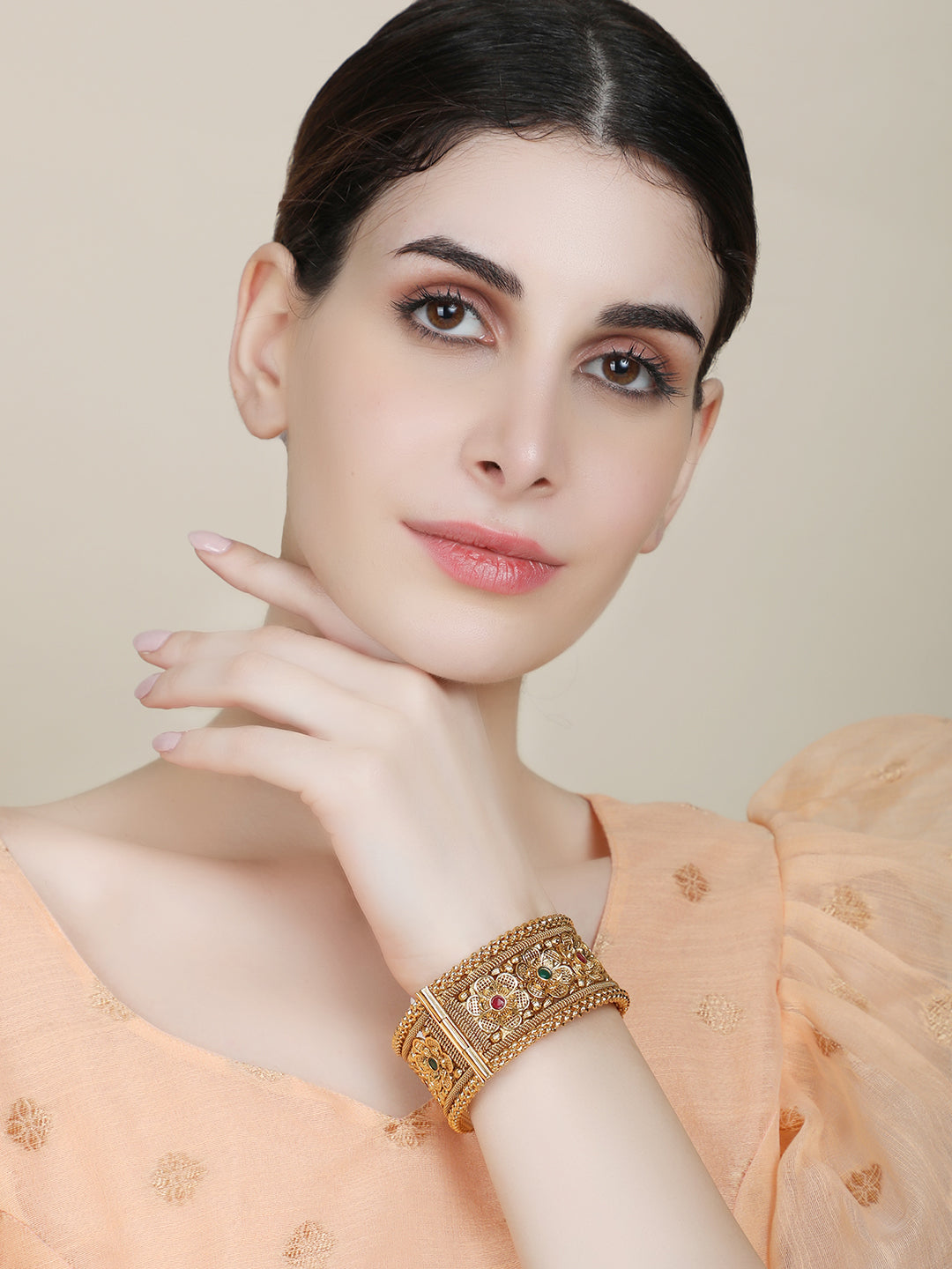 Women's Gold & Pink 24Ct Stone-Studded & Beaded Hand Crafted Bangle