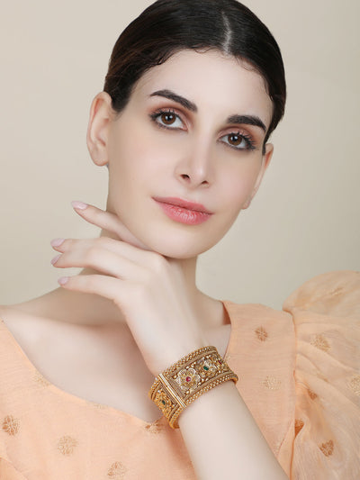 Women's Gold & Pink 24Ct Stone-Studded & Beaded Hand Crafted Bangle