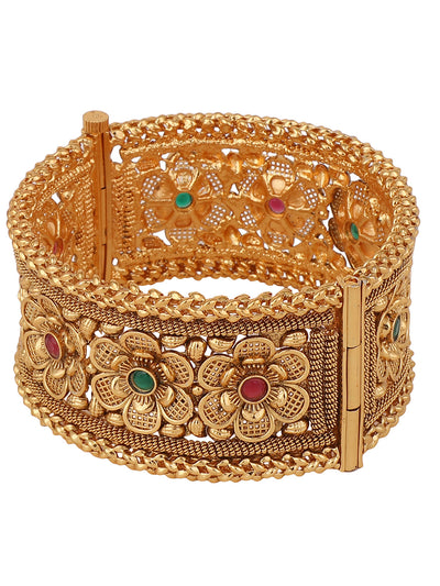 Women's Gold & Pink 24Ct Stone-Studded & Beaded Hand Crafted Bangle