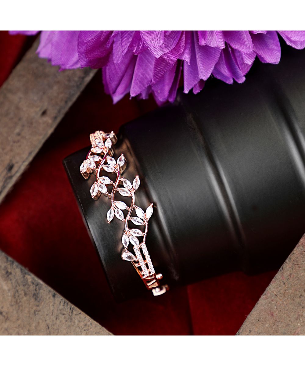 Women's American Diamond Rose Gold Style Statement Leaf Shaped Bracelet